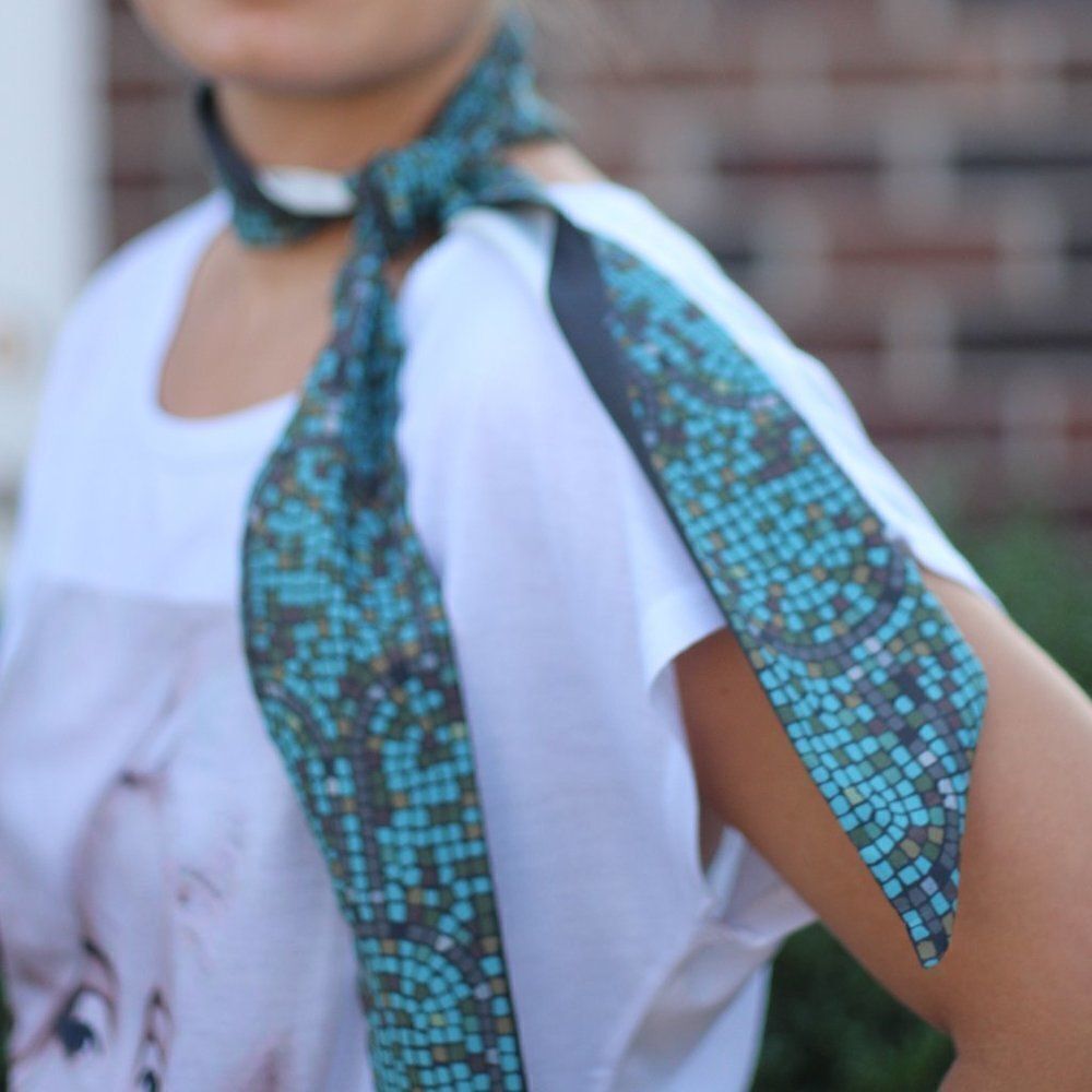 Teal Ornament White Line Reversible‎ Skinny Scarf